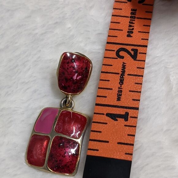 Vintage 1980's Pink & Gold Square Enamel Pierced Earrings - Picture 8 of 9
